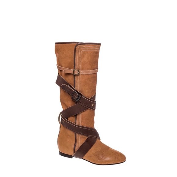 Chloe Shoes - Chloe Cross Strap Brown Camel Leather Knee High Flat Boots
